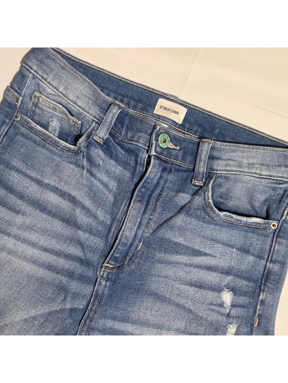 Sneak Peek High Rise Kick Flare Distressed Jeans Raw Hem Blue Size 7 boutique